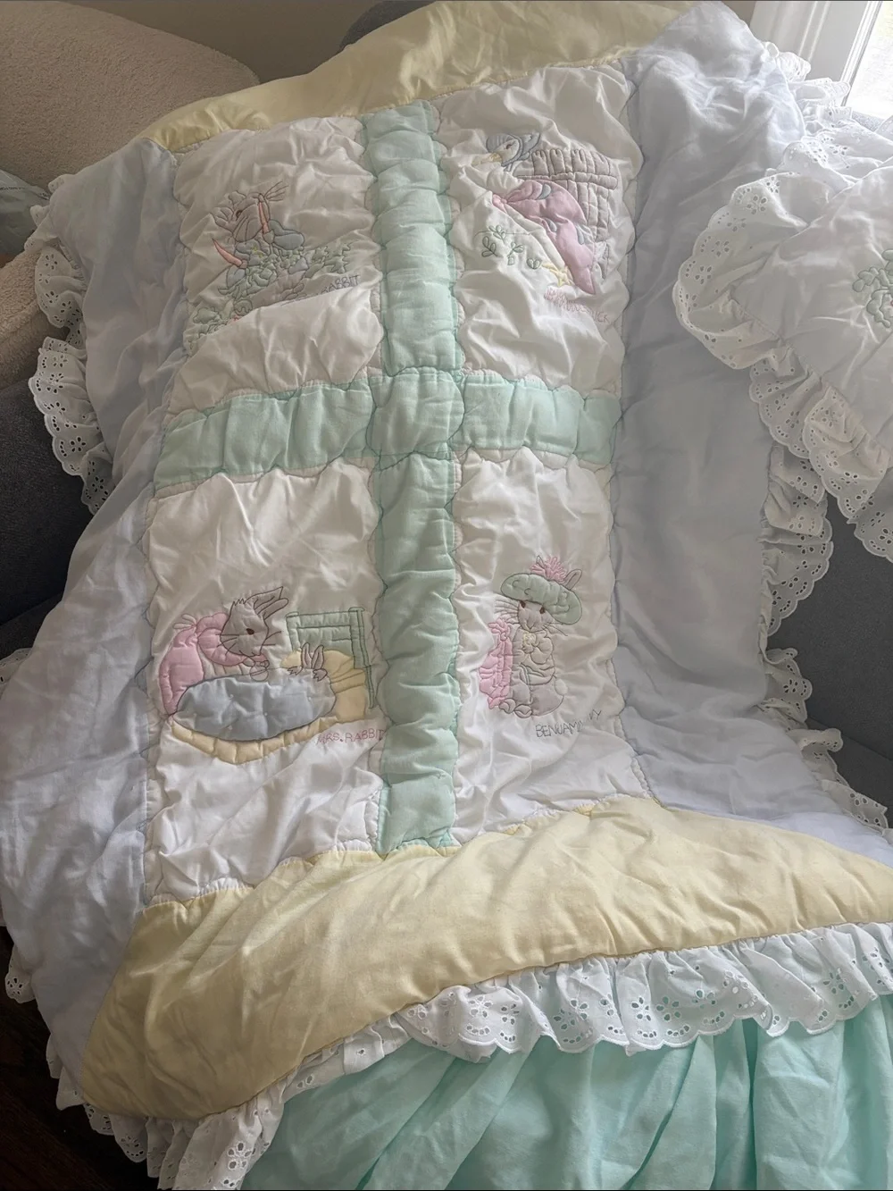 Vintage Beatrix Potter Pastel Baby Quilt quilted wall decor, crib skirt & diaper